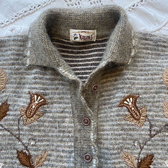 Vintage Mohair Wool Blend Floral Embroidered Sweater / Cardigan - Picture 2 of 9